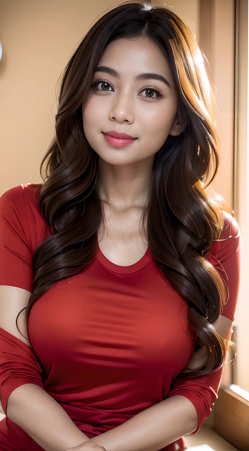 (8K, RAW photo, Best Quality, Masterpiece: 1.2),
(ultra high res, photorealistic:1.40), glorious picture, person dry and lowest lux,
Sasha, natural big wavy long hairstyle, (wearing apple-red color t-shirt), BDSM,
Babyfat, No makeup, 
Natural detailed eyes:1.1, 
Natural detailed lips,  
in a hotel, 
Seductive smile facing the camera,
Highly detailed face and skin texture,
Vivid colors, 
Sharp focus