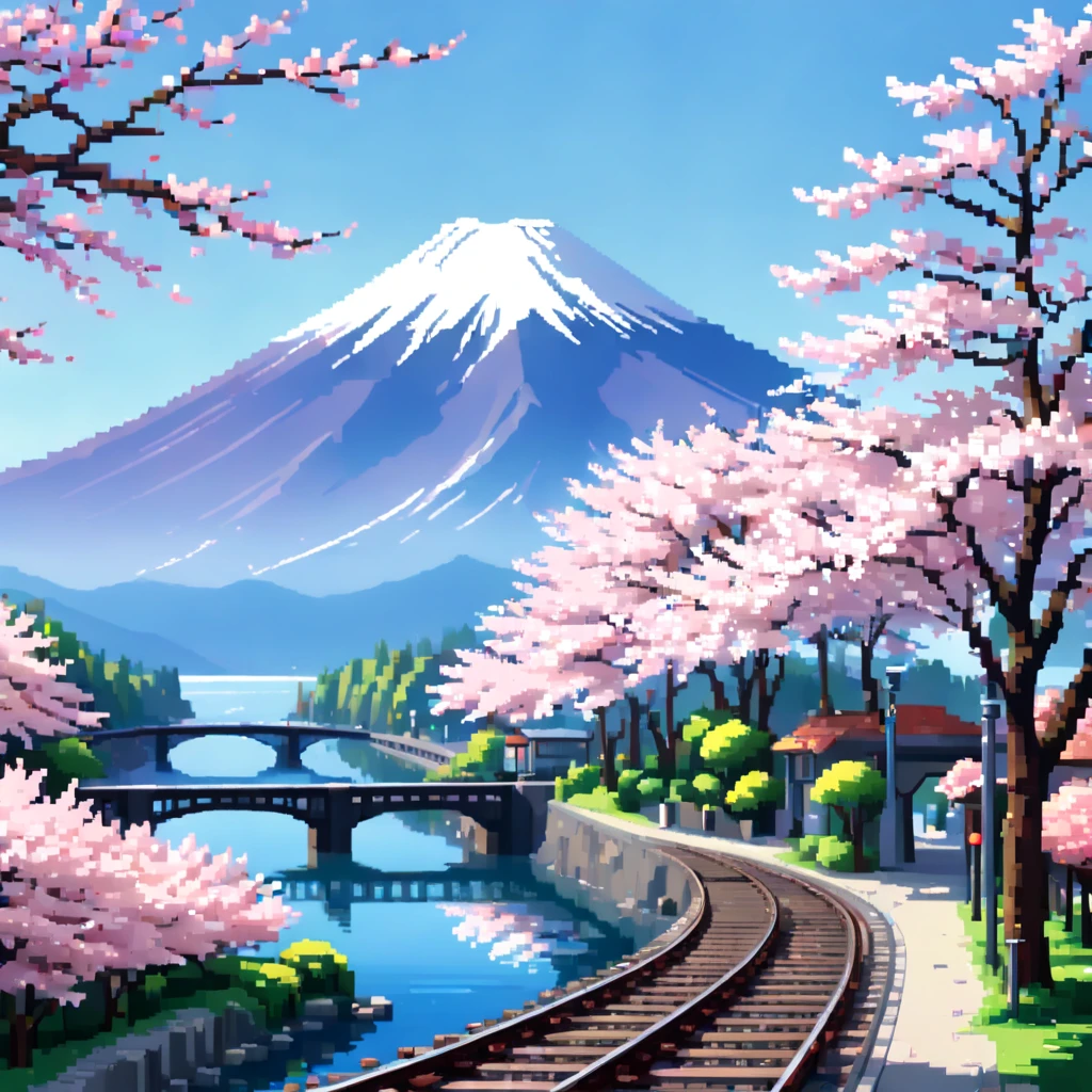 (Cherry blossom And Street:1.5),(landscape:1.5), (Pixel art:1.5), (pixel theme:1.5), (fantasy:1.5), (beautiful scenely:1.5),(landscapes:1.5),(mt. fuji:1.5),(lake:1.5),(cherry blossom trees:1.5),(railway:1.5),(spring:1.5), (beautiful scenely pixel art illustration:1.5),(best quality:1.5),(masterpiece:1.5),