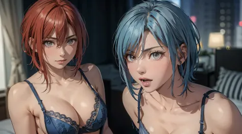 Sareme、((Incredibly beautiful villain woman in blue lingerie:1.3))、((NSFW))、Asymmetrical ultra-short hair,、cleavage of the breast、a matural female、Very boyish and cool、Shaved head、sky blue hair,Red inner hair、Bedroom with cyberpunk night view、Great lightin...