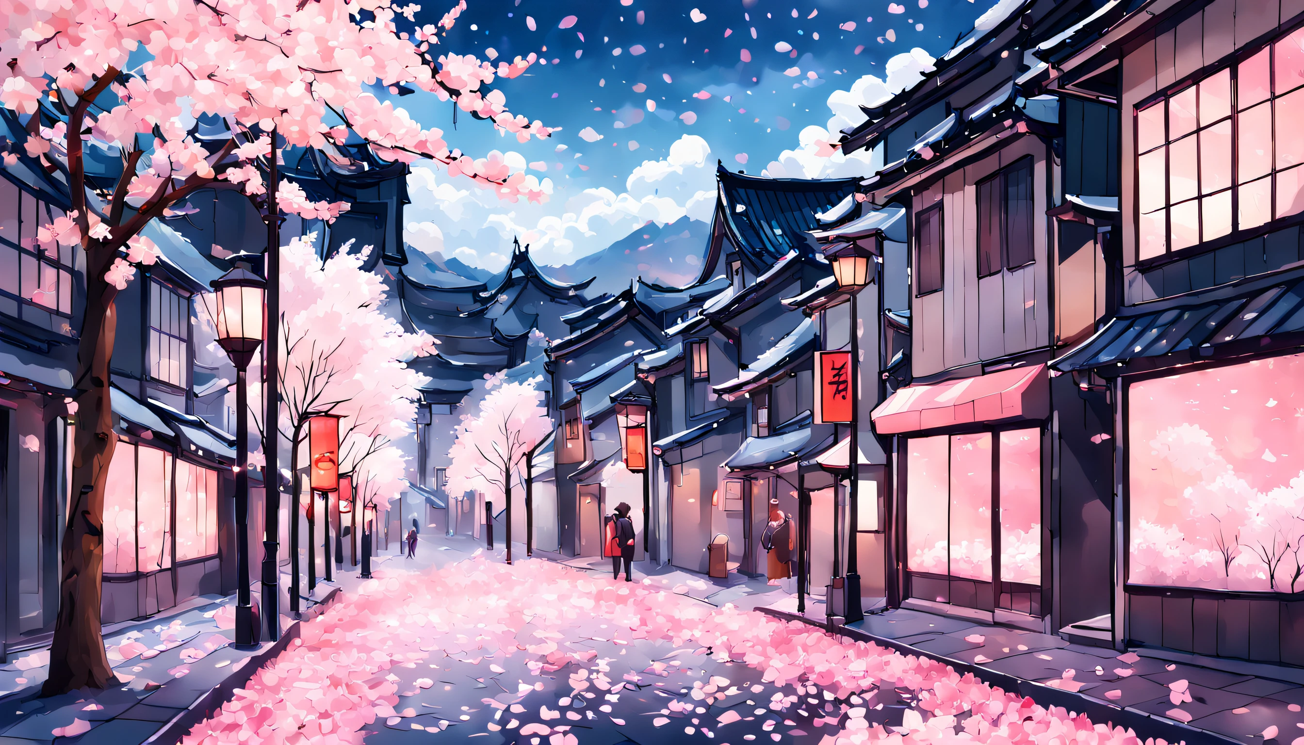 벚꽃잎으로 뒤덮인 도심 거리를 숨막히게 표현한 작품, 은은한 핑크색 빛과 솜털 같은 흰 구름이 떠 있는 생기 넘치는 푸른 하늘. 벚꽃이 활짝 피어야 하는데, 은은한 핑크와 화이트 꽃잎이 눈송이처럼 땅에 부드럽게 떨어지는. 전반적인 효과는 고요한 아름다움과 평화로운 평온함 중 하나여야 합니다., 덧없지만 잊을 수 없는 일본 봄의 마법을 포착하다.
