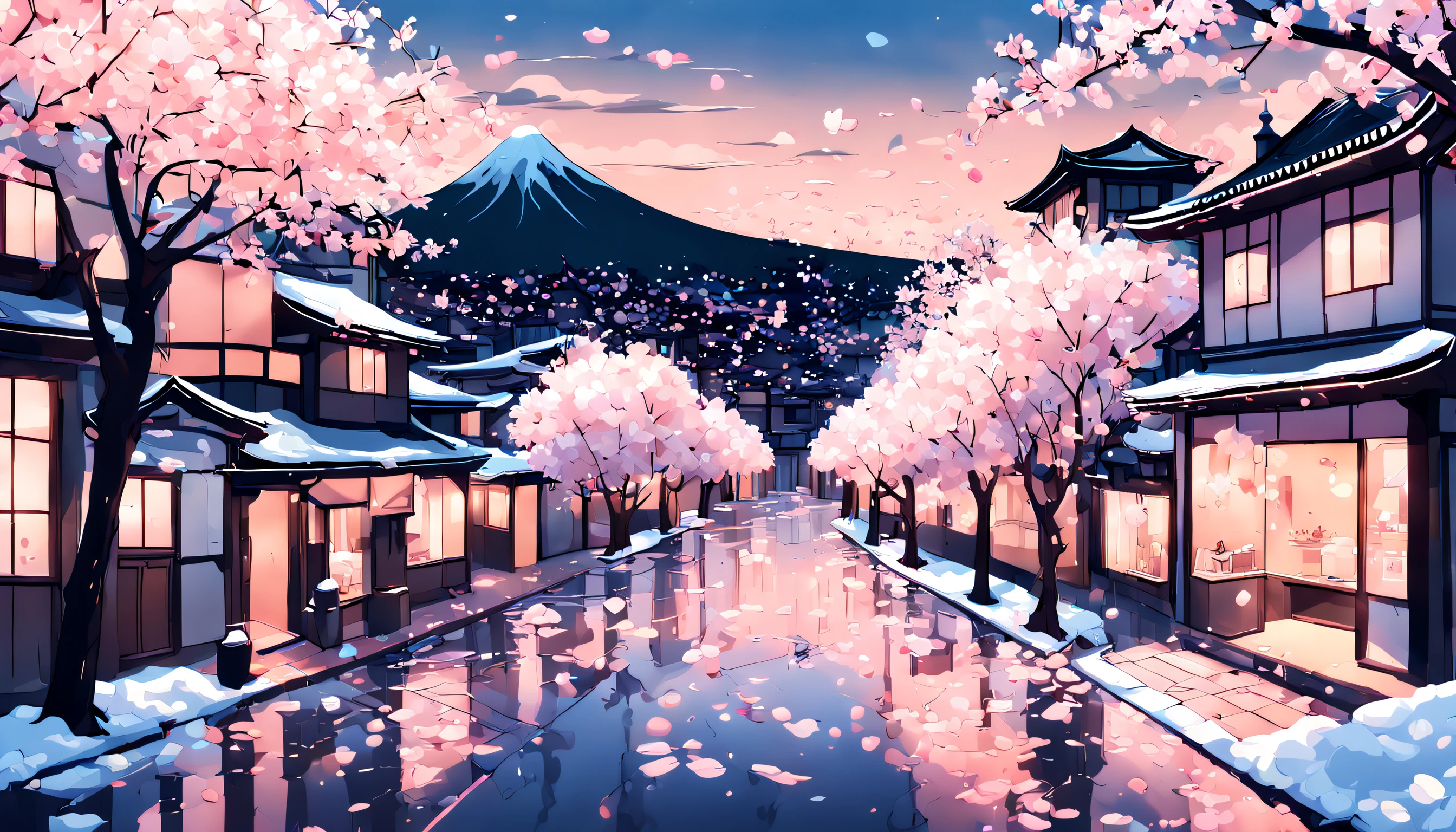 A breathtaking depiction of a city street covered in cherry blossom petals, bathed in a soft pink glow and the sky a vibrant blue with fluffy white clouds. The cherry blossoms should be in full bloom, with delicate pink and white petals falling gently to the ground like snowflakes. The overall effect should be one of serene beauty and peaceful tranquility, capturing the fleeting but unforgettable magic of springtime in Japan.