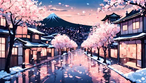 A breathtaking depiction of a city street covered in cherry blossom petals, bathed in a soft pink glow and the sky a vibrant blu...