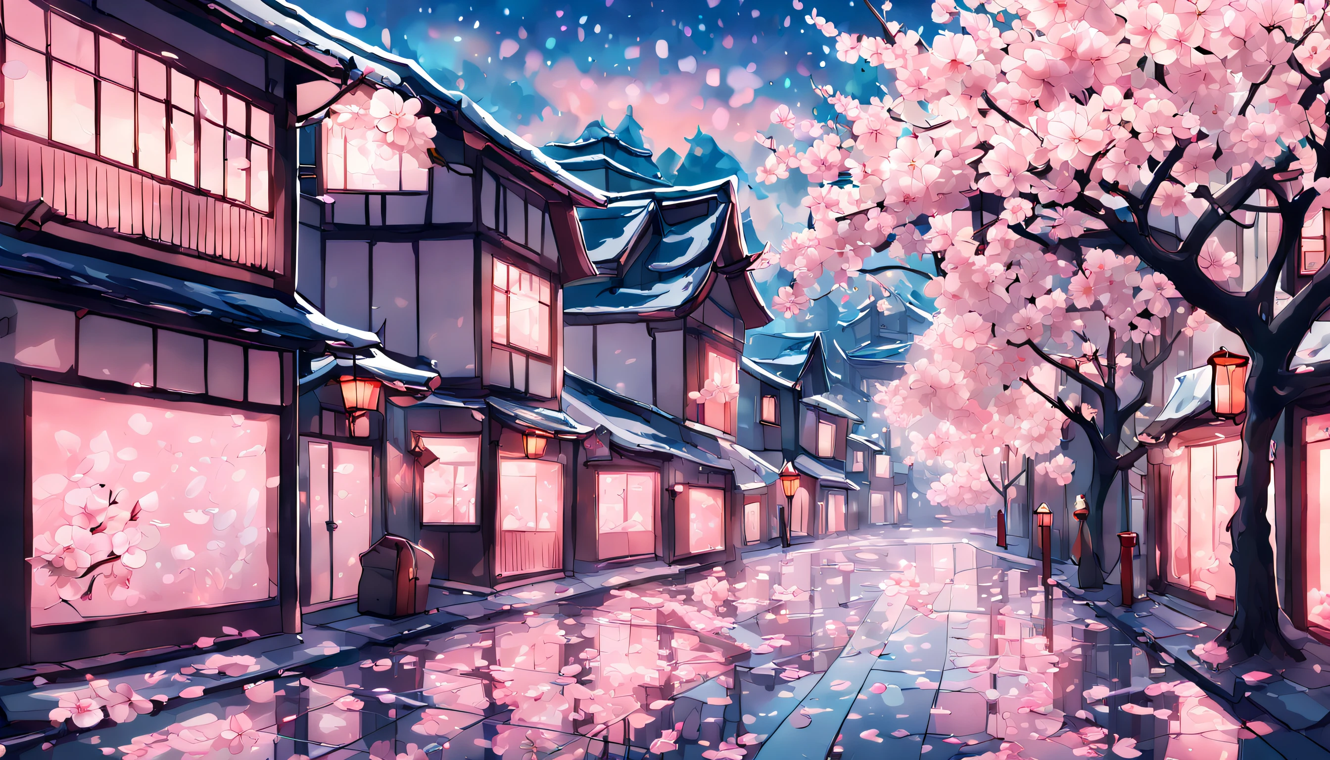 A breathtaking depiction of a city street covered in cherry blossom petals, bathed in a soft pink glow and the sky a vibrant blue with fluffy white clouds. The cherry blossoms should be in full bloom, with delicate pink and white petals falling gently to the ground like snowflakes. The overall effect should be one of serene beauty and peaceful tranquility, capturing the fleeting but unforgettable magic of springtime in Japan.