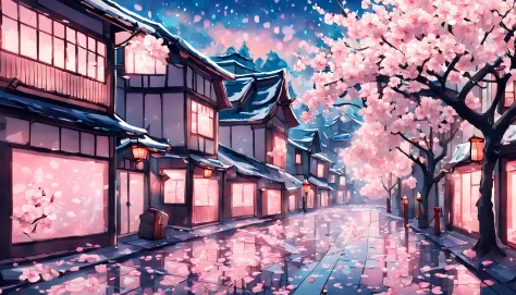 A breathtaking depiction of a city street covered in cherry blossom petals, bathed in a soft pink glow and the sky a vibrant blu...