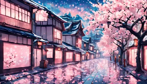 a breathtaking depiction of a city street covered in cherry blossom petals, bathed in a soft pink glow and the sky a vibrant blu...