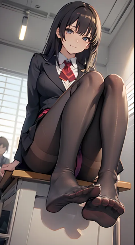 (((masutepiece, Best Quality, hight resolution))), NM1, Black hair,The long-haired, Crazy smile, Wearing a suit, Long sleeves, (Black tight mini skirt, Black Tight Mini Skirt), (((pantyhose, Black pantyhose))), large full breasts, large boob, ((legs focus)...