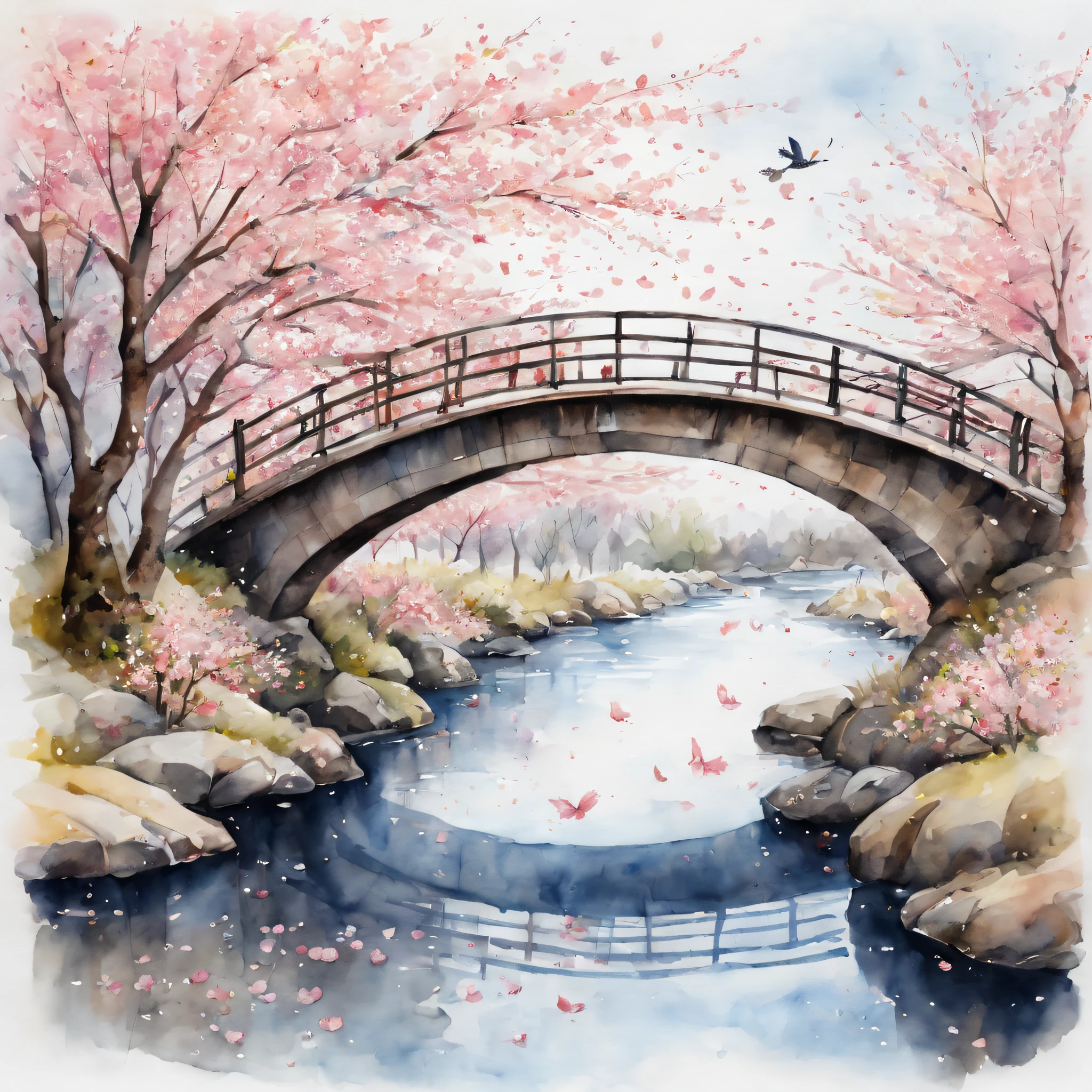 (Cherry blossom And Street:1.5), (ink and watercolor painting:1.5), (Tasteful:1.5), (ink and watercolor painting:1.5), (full color:1.5), 8k, 4k, (landscapes:1.5),(cherry blossom trees:1.5),(river side street:1.5),(Japanese stone bridge:1.5), (wind:1.5),(flying cherry blossom petals:1.5),(street:1.5),