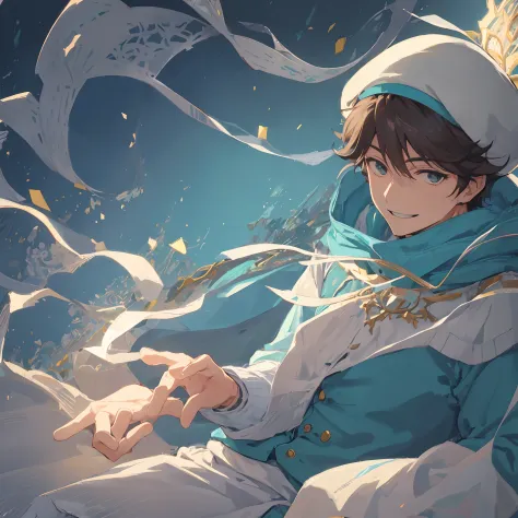 solo focus, handsome mature man, oikawa tooru, aqua blue sweater, ornate detailing, cinematic lighting, illustration, simple bac...