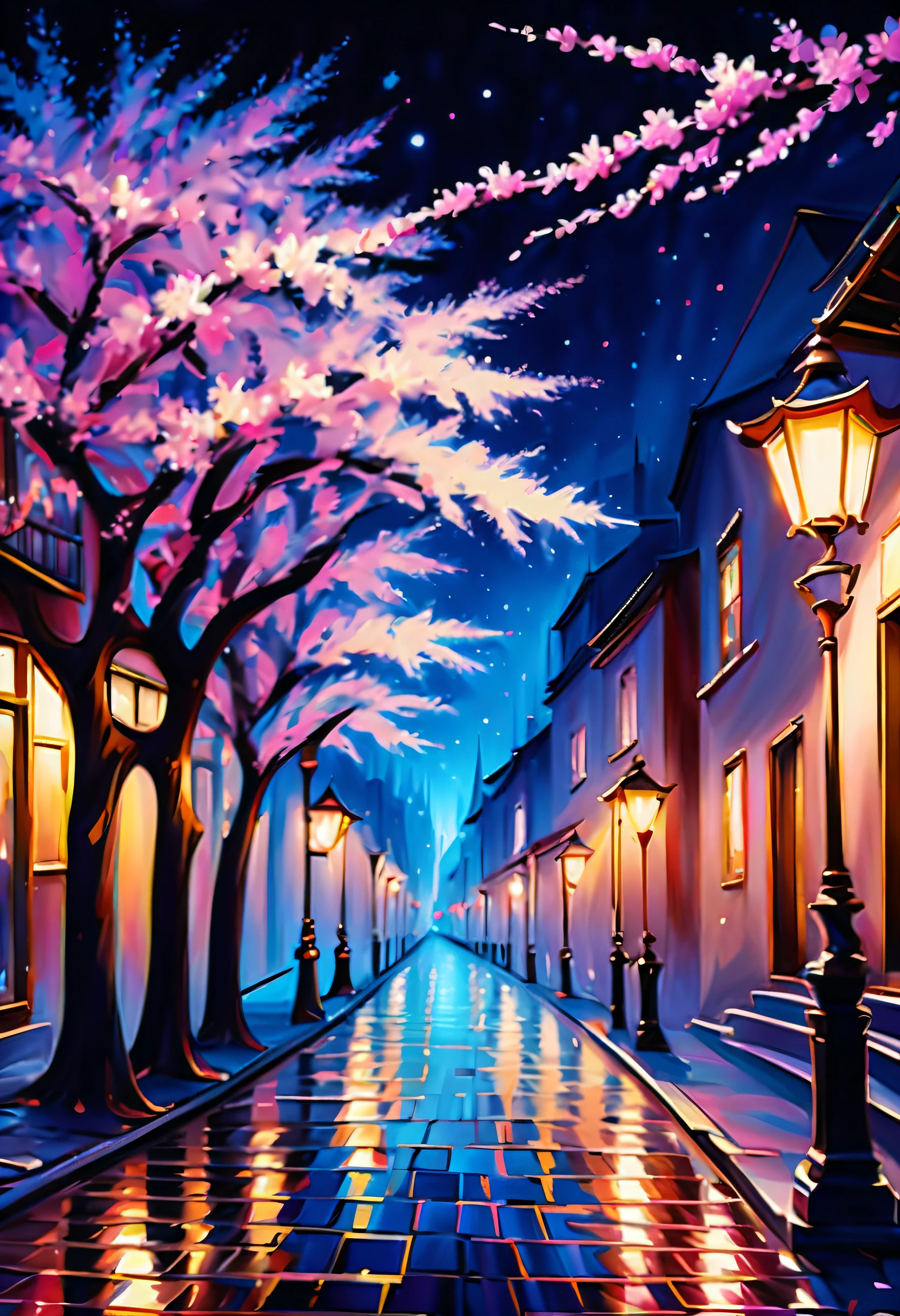 imagine uma pintura de tirar o fôlego de uma rua artística ladeada por árvores, paisagem urbana majestosa e inspiradora, encantadora rua de flores de cerejeira, mundo fantástico, paisagem urbana grandiosa e majestosa, beleza hipnotizante de uma noite estrelada, ilusões etéreas, traços intrincados e detalhes delicados, ilustração hipnotizante, técnicas pretas e pintura luminosa, impressionante arte conceitual de uma paisagem de tirar o fôlego, representação visual impressionante, (((radiosidade renderizada com uma beleza impressionante de resolução de 32k:1.3))),