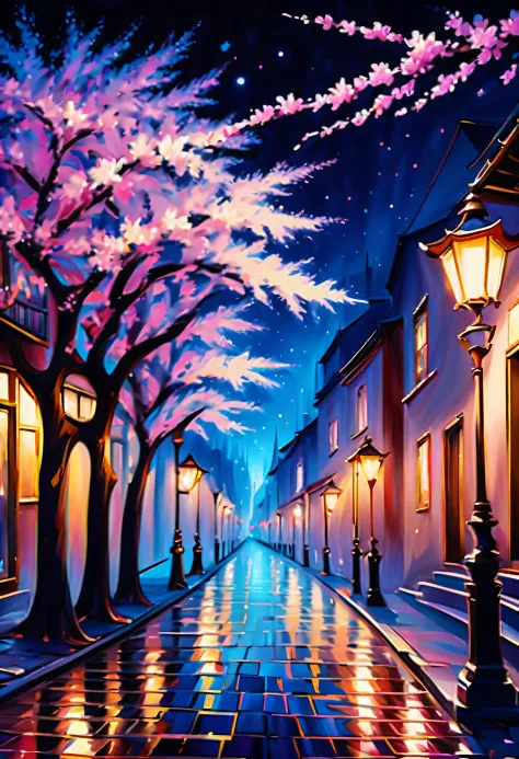 imagine a breathtaking painting of a art street lined with trees, majestic and awe-inspiring cityscape, charming cherry blossoms...