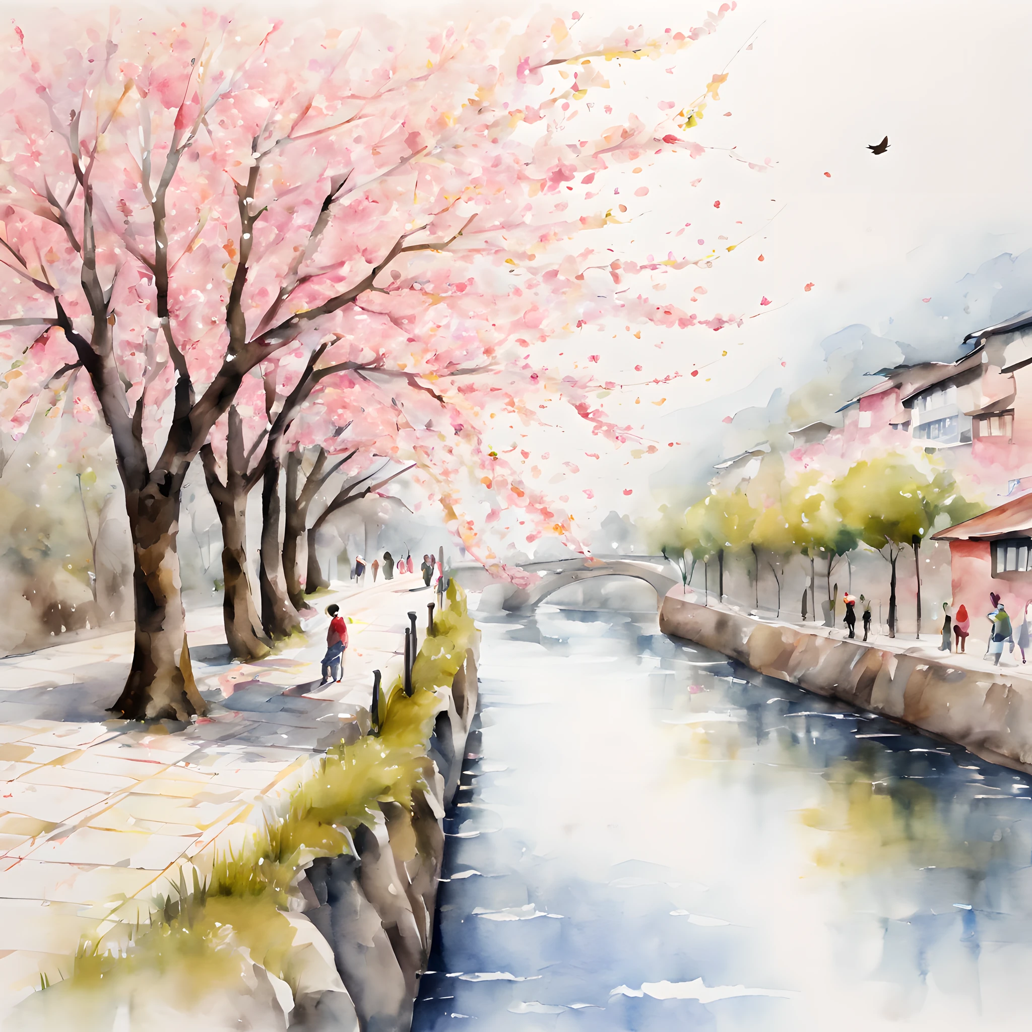 (Cherry blossom And Street:1.5), (ink and watercolor painting:1.5), (Tasteful:1.5), (ink and watercolor painting:1.5), (full color:1.5), 8k, 4k, (landscapes:1.5),(cherry blossom trees:1.5),(river side street:1.5),(wind:1.5),(flying cherry blossom petals:1.5),(street:1.5),