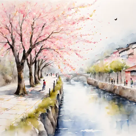 (Cherry blossom And Street:1.5), (ink and watercolor painting:1.5), (Tasteful:1.5), (ink and watercolor painting:1.5), (full col...
