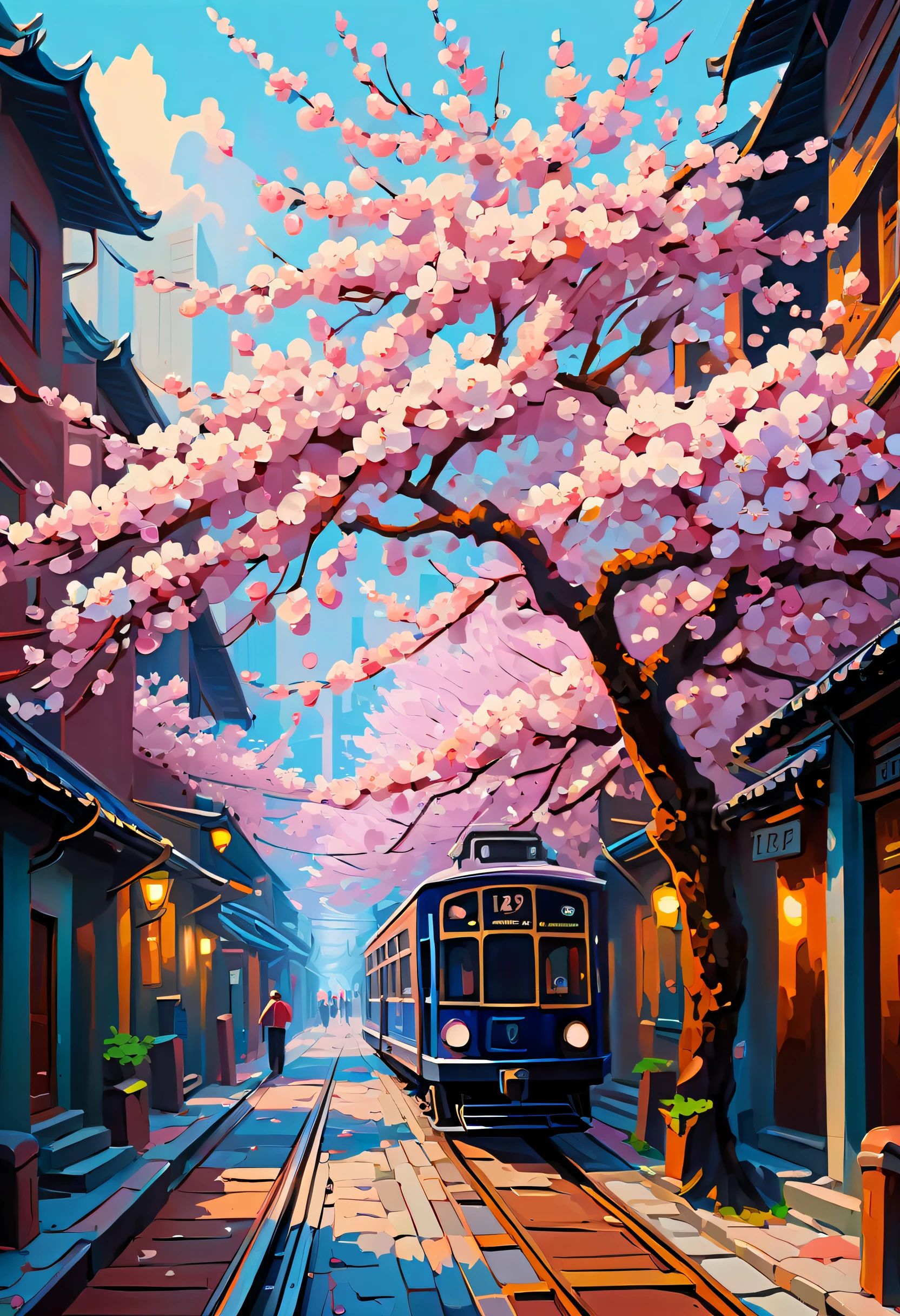(((cherry blossom and street illustration intricate details))), rich colors, matte paint, tachism, gouache and palette knife, dark romanticism train, beautiful cityscape, (((intricate insane details:1.3))), (((extremely intricate details))), (((fantasy masterpiece:1.3))), (((sharpness and clarity unmatched:1.3))), ultra realistic, (((radiosity rendered in stunning 32k resolution:1.3))), highest quality, highly quality,