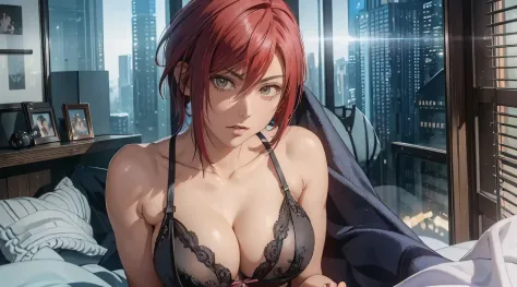 Sareme、((Incredibly beautiful villainous women in lingerie:1.3))、((NSFW))、Asymmetrical ultra-short hair,、cleavage of the breast、a matural female、Very boyish and cool、Shaved head、sky blue hair,Red inner hair、Bedroom with cyberpunk night view、Great lighting、...