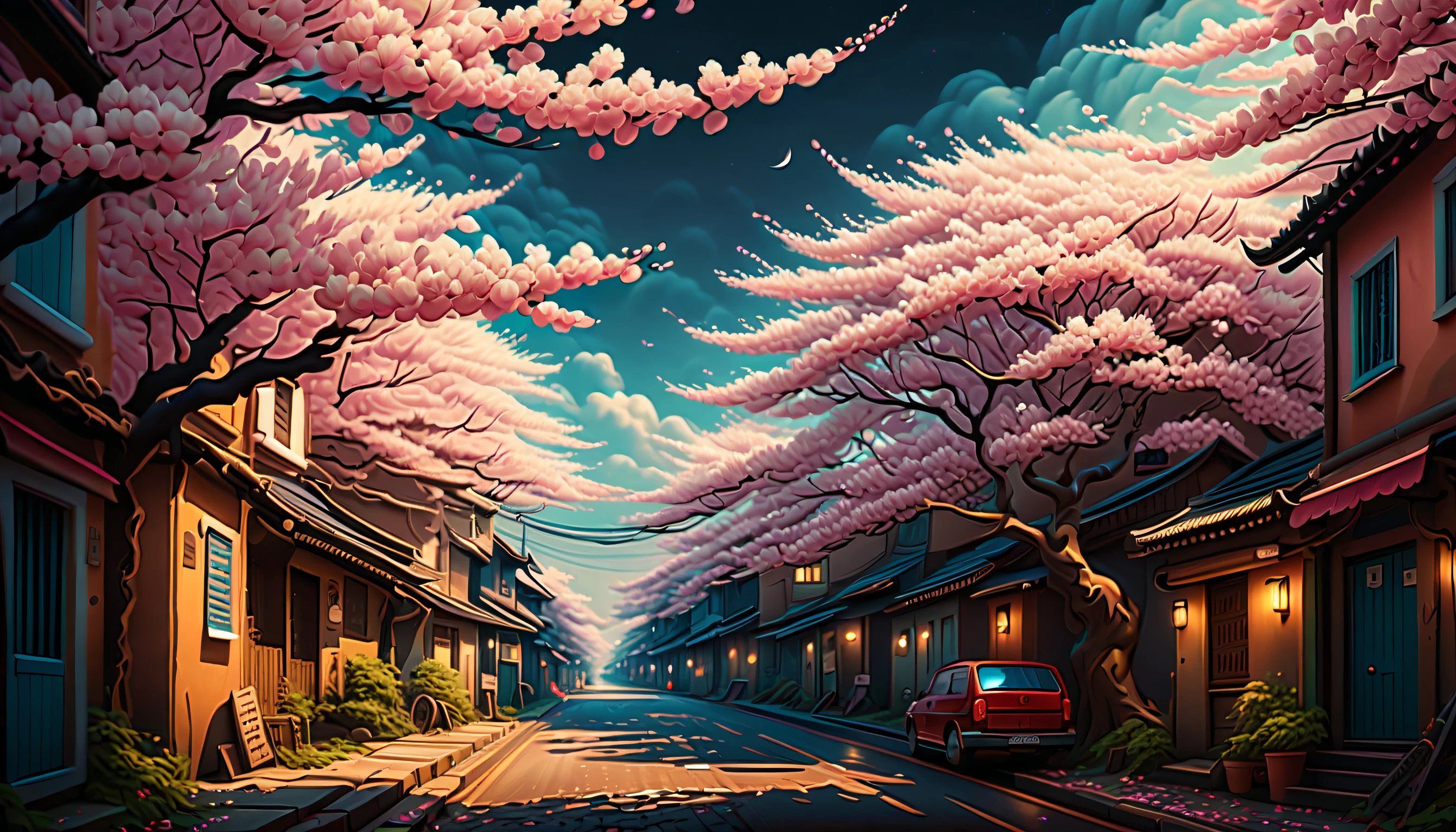 (((cherry blossom and street illustration intricate details))), dreams are released in the distant sky, spring is scattered,echoing in this farthest land, reincarnations reflected in eyes as look up at the sky.where will carry the lost tomorrow, blows across the dull-colored shining sea, small boats swaying in the wind,illuminating the endless track of dreams,destiny will burn out, wander aimlessly, become the light that shines through my heart, and release my dreams in the distant sky, farthest reaches,if the map of sadness reverberated through the earth,scars of timeless days would be scattered,countless winds, in the blinking distance, shadow swayed in the endless rut ​​of dreams, (((intricate insane details:1.3))), (((extremely intricate details))), (((fantasy masterpiece:1.3))), (((sharpness and clarity unmatched:1.3))), ultra realistic, (((radiosity rendered in stunning 32k resolution:1.3))), highest quality, highly quality, Neo-realism,