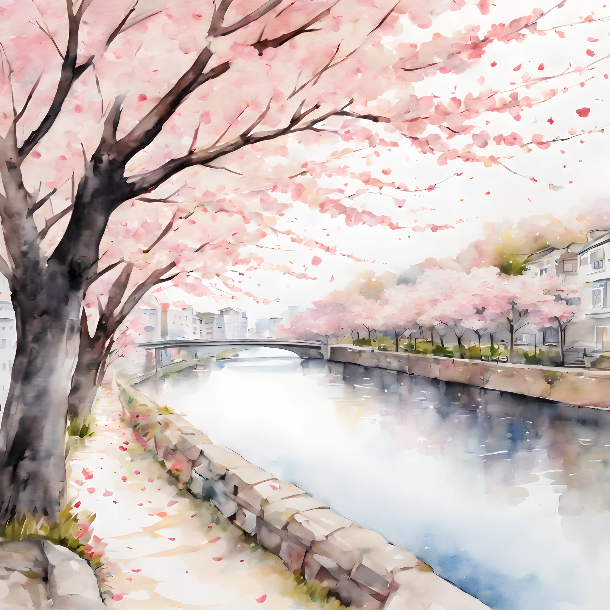 (Cherry blossom And Street:1.5), (ink and watercolor painting:1.5), (Tasteful:1.5), (ink and watercolor painting:1.5), (full color:1.5), 8k, 4k, (landscapes:1.5),(cherry blossom trees:1.5),(river side street:1.5),(wind:1.5),(flying cherry blossom petals:1.5),(street:1.5),