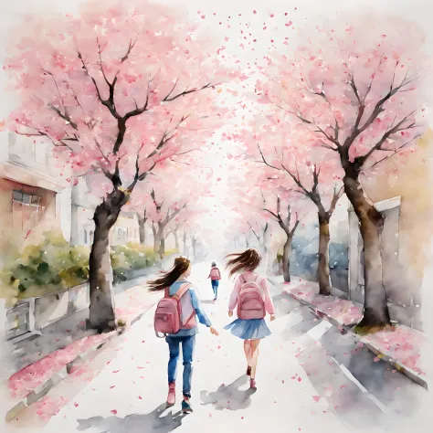 (Cherry blossom And Street:1.5), (ink and watercolor painting:1.5), (Tasteful:1.5), (ink and watercolor painting:1.5), (full col...