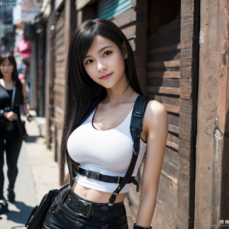 realphoto、18-year-old woman,(FF Remake　Tifa Lockhart)、 Natural Skin Texture, realistic eyes and face details, Anatomically accurate、Detailed face, Cinematic lighting, (8K, Raw photo, Professional, Best Quality, masutepiece:1.2), (Realistic, Photorealistic:1.3), Soft light、Streets of the slums、The long-haired、Lovely smile、(large full breasts:1.４)、thin-waist、full body Esbian、White tank top、black suspenders、Black leather miniskirt、Putting hair together、