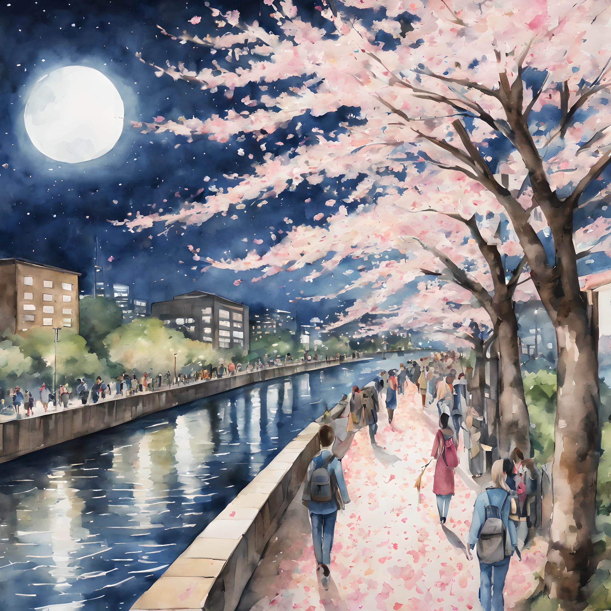 (Cherry blossom And Street:1.5), (ink and watercolor painting:1.5), (Tasteful:1.5), (ink and watercolor painting:1.5), (full color:1.5), 8k, 4k, (landscapes:1.5),(cherry blossom trees:1.5),(school street:1.5),(wind:1.5),(flying cherry blossom petals:1.5),(river side street:1.5),(osaka:1.5),(lots of people on street:1.5),(night:1.5),(moonlight:1.5),