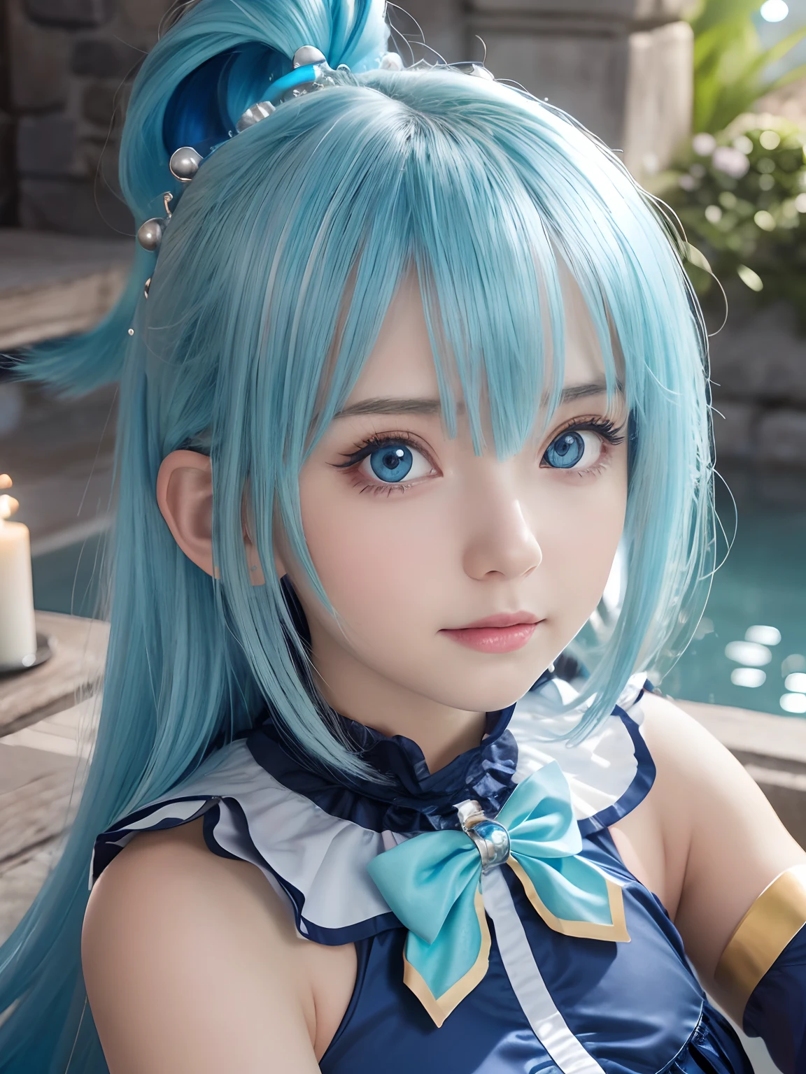 top-quality, 8K, ultra-detailliert, Photorealsitic, The best lighting, Beautiful face, The best lighting, Beautiful face, Konosuba Aqua, lightblue hair, beautiful goddess, (1girll:1.4), black and blue clothing, White sleeves, Bewitching atmosphere, water magic:1.2