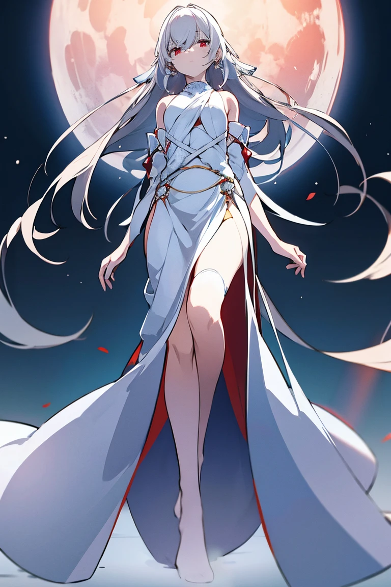 White-haired woman,Red aura around,Beautiful red eyes,White gauze dress, thin, It covers all vital organs except the face....., Wear a knee-length white dress......,The arm does not reach the top of the hip......,The arms are small...., But the ligaments are very large......,Soft hands,at night,red moon,turned sideways..