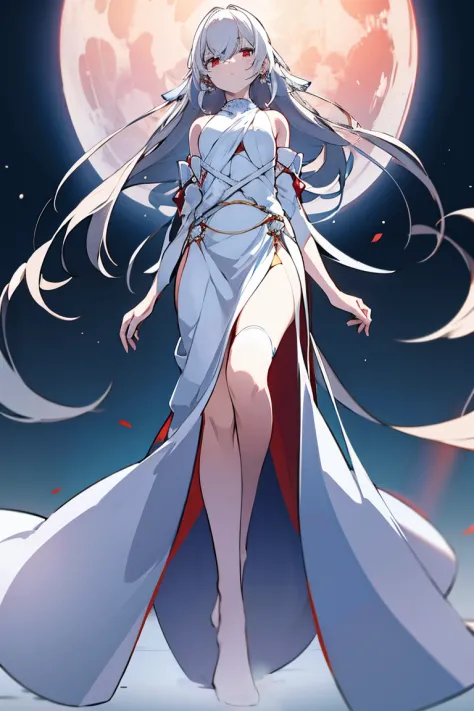 white-haired woman,red aura around,beautiful red eyes,white gauze dress, thin, it covers all vital organs except the face....., ...