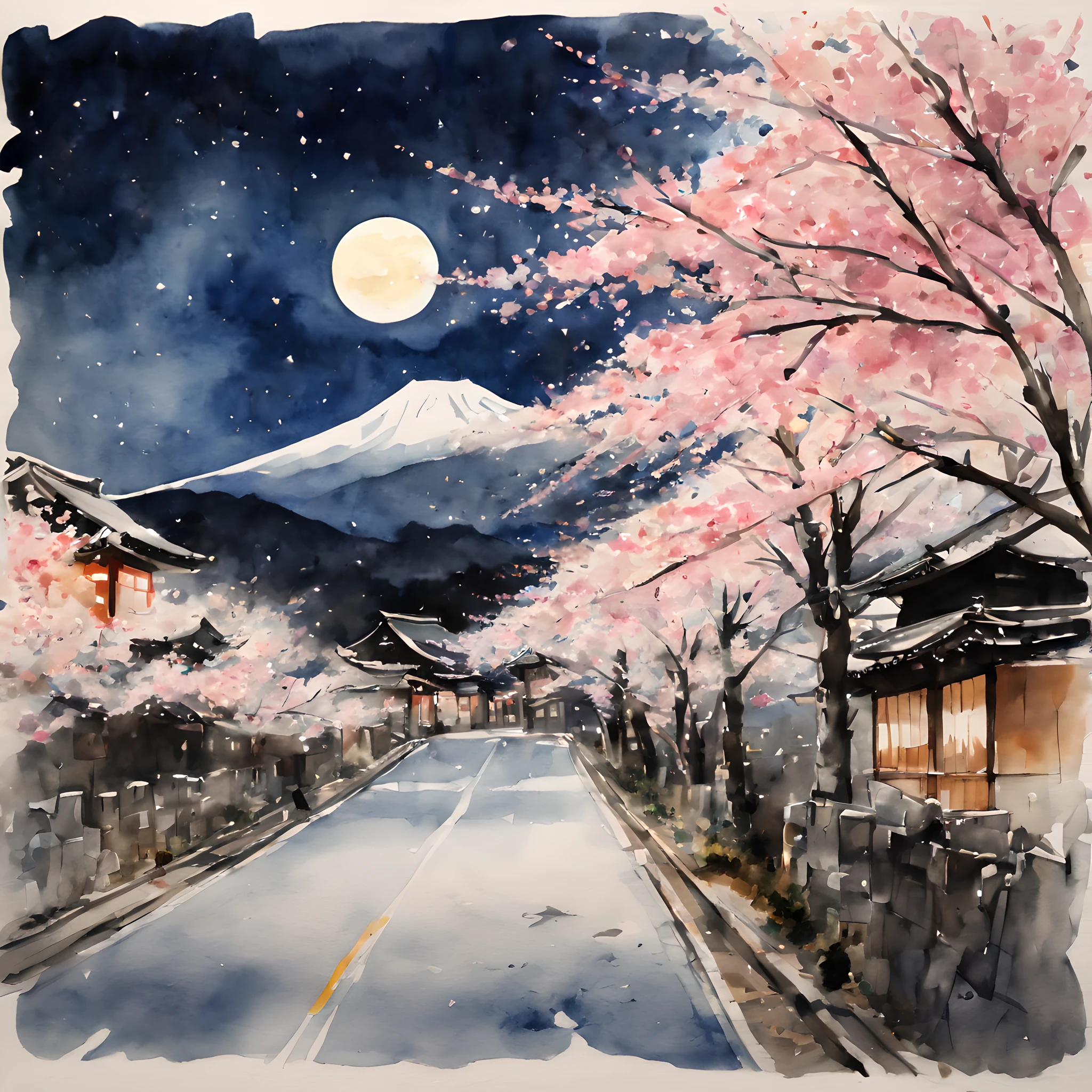 (Cherry blossom And Street:1.5), (ink and watercolor painting:1.5), (Tasteful:1.5), (ink and watercolor painting:1.5), (full color:1.5), 8k, 4k, (landscapes:1.5),(cherry blossom trees:1.5),(wind:1.5),(flying cherry blossom petals:1.5),(cherry blossom street:1.5),(mountain road:1.5),(kyoto:1.5),(lots of people on street:1.5),(night:1.5),(moonlight:1.5),