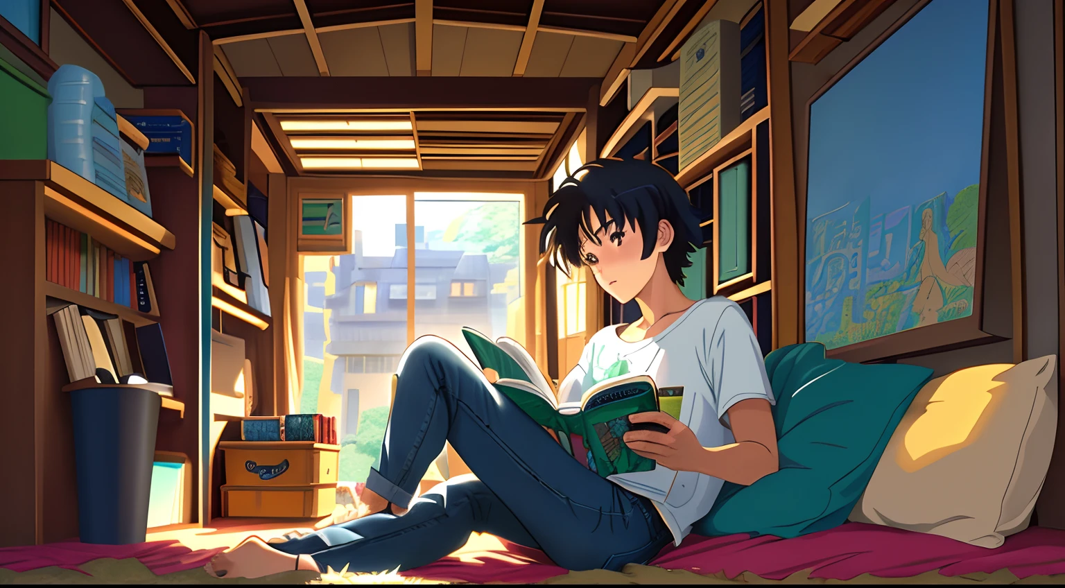 Anime boy sitting on bed reading a book in a room - SeaArt AI