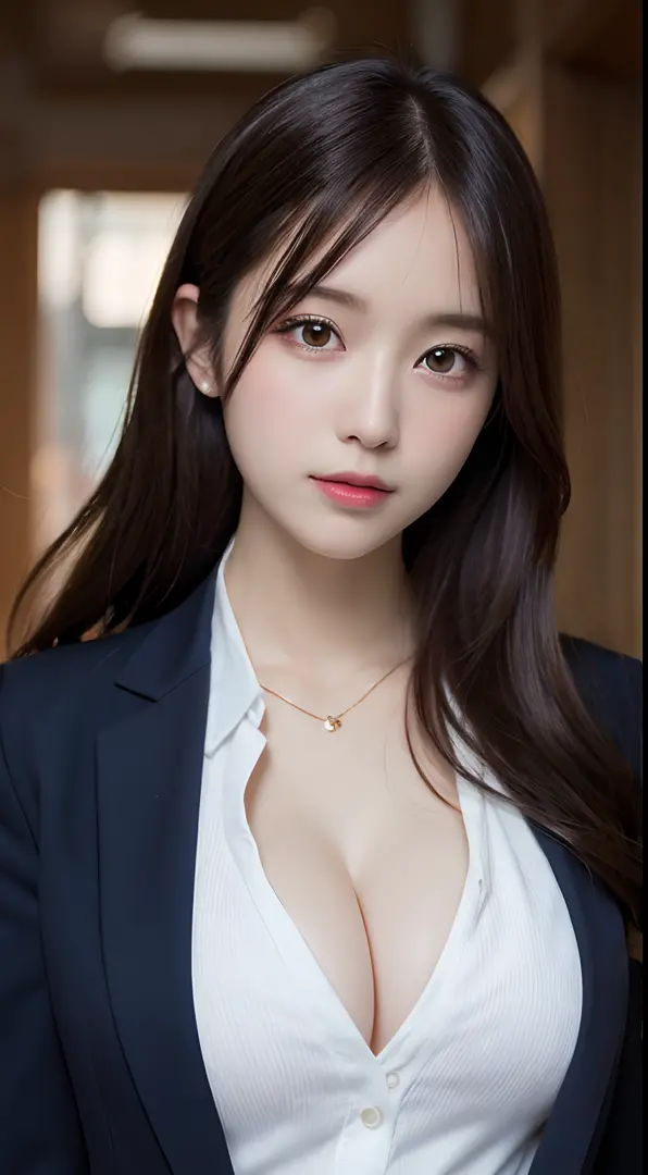 masutepiece, Best Quality, Illustration, Ultra-detailed, finely detail, hight resolution, 8K Wallpaper, Perfect dynamic composition, Beautiful detailed eyes,  Natural Lip,Blazer ,School uniform, cleavage, Full body