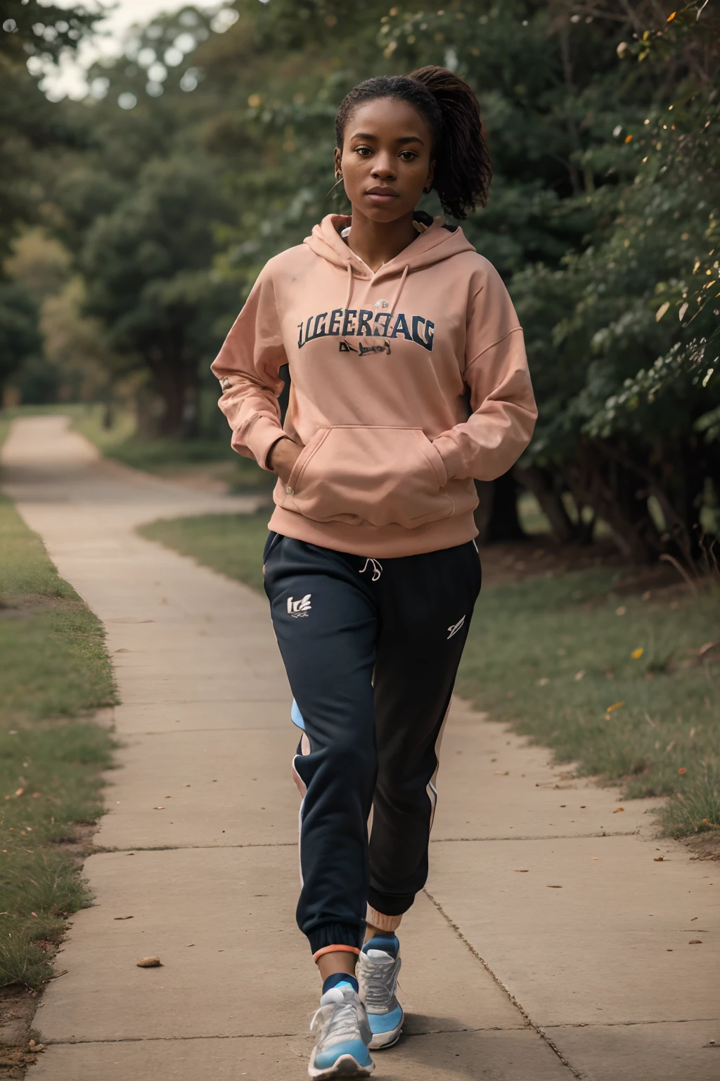 8k, highest quality, ultra details, African-American, young female, sporty American look, hoodie, joggers, running shoes, jogging on a trail, early morning.