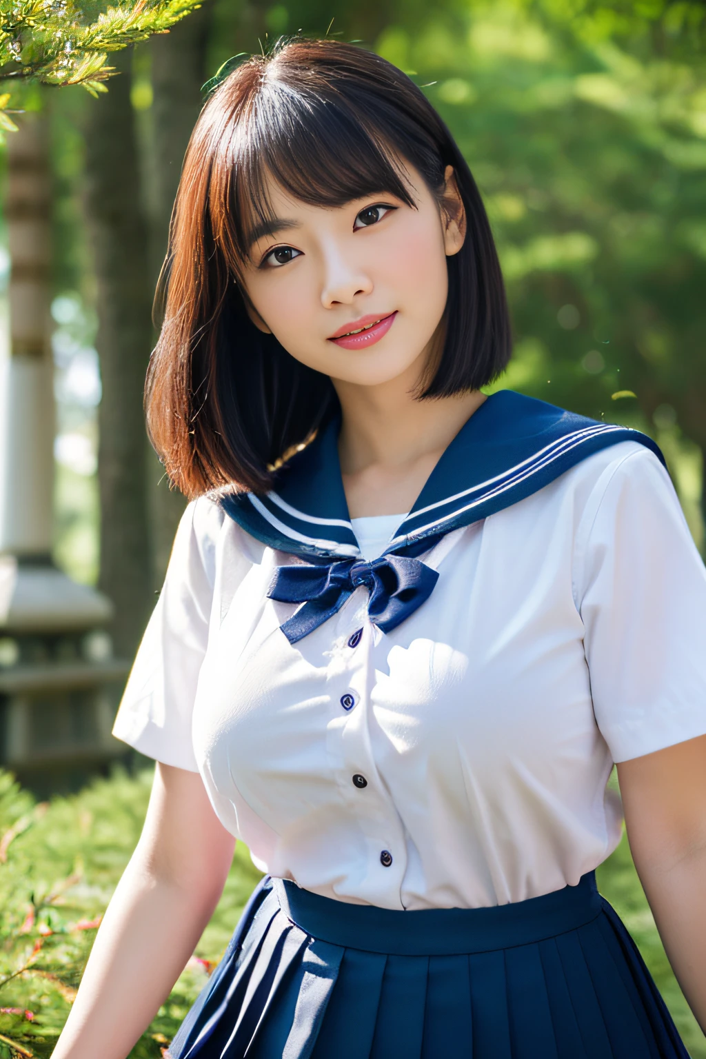 (Best Quality,8K,High resolution:1.2),(Beautiful realistic Japan person:1.6)、(cute Japanese girls:1.4),(Huge breasts:1.25),(Glamorous body),(School uniform,bra very,Pleated skirt,Sailor collar,White shirt:1.2)、17 age、Professional、(My dear woman、Joy of Loving、Heartbeat in the chest)、Happy、Energetic、Forest Park、put your hair up、