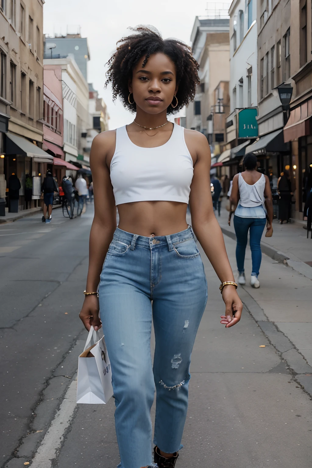 8k, highest quality, ultra details, African-American, young female, trendy American style, crop top, high-waisted jeans, ankle boots, shopping on a bustling city street.