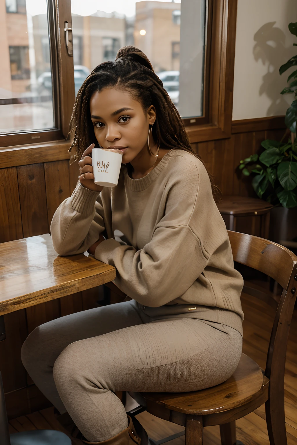 8k, highest quality, ultra details, African-American, young female, effortless American style, oversized sweater, leggings, boots, sipping coffee at a cozy cafe.