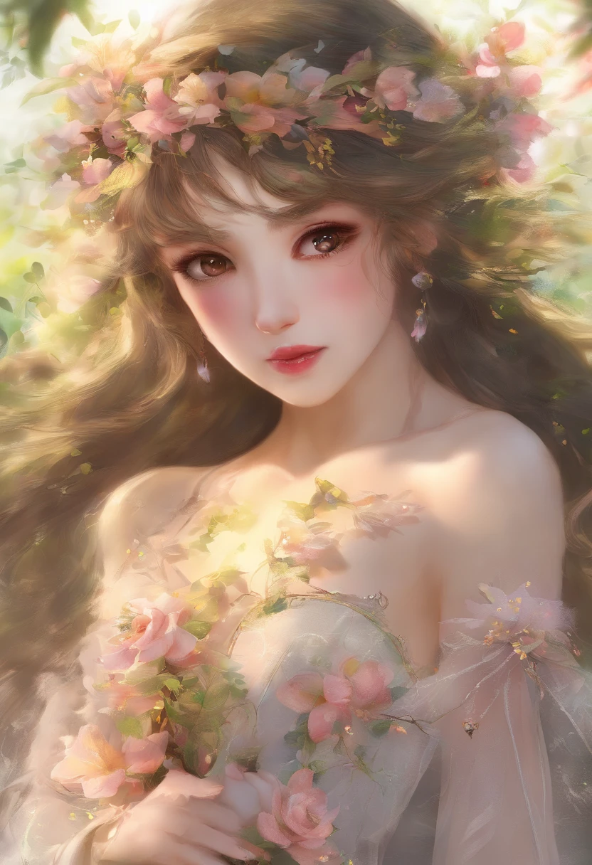 A girl in a garden,half:illustration,beautiful detailed eyes,beautiful detailed lips,Extremely detailed eyes and face,long eyeslashes,High Resolutions,ultra detailed,fotorrealist,vivid colors,bokeh,Portraits,warm tones,soft lighting, (The best quality,4k,8k,High Resolutions,masterpiece:1.2),ultra detailed,(realist,fotorrealist,fotorrealist:1.37),classical,Amazing,beautiful detailed eyes,beautiful detailed lips,Extremely detailed eyes and face,long eyeslashes,oil painting style,Canvas texture,old fashioned dress,Golden lighting,Garden landscape,colorful flowers,romantic atmosphere,vintage colors,soft sunlight,serene expression,elegant pose,  semi nude, sexy fine art, muscle legs, large legs, semi uncovered body