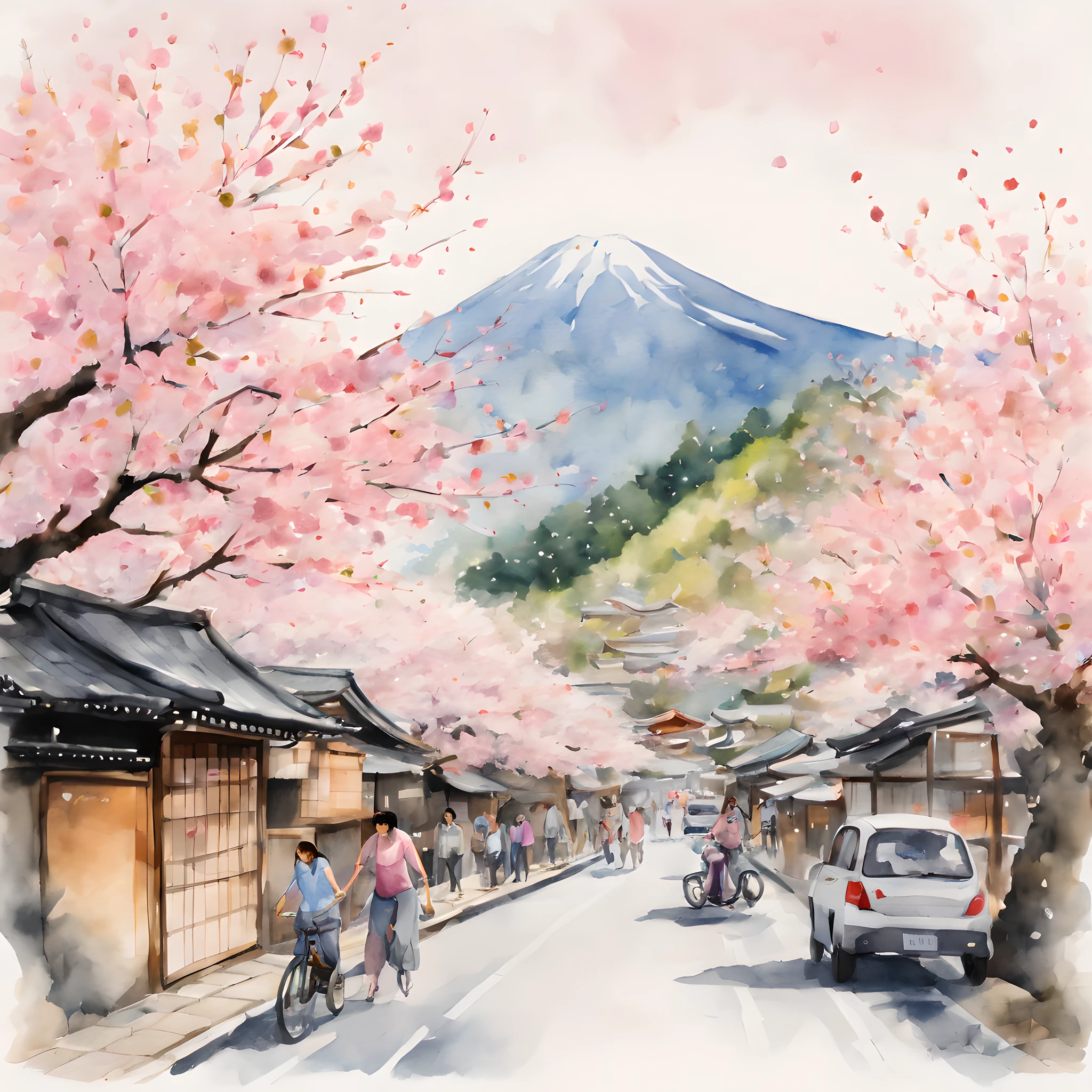 (Cherry blossom And Street:1.5), (ink and watercolor painting:1.5), (Tasteful:1.5), (ink and watercolor painting:1.5), (full color:1.5), 8k, 4k, (landscapes:1.5),(cherry blossom trees:1.5),(wind:1.5),(flying cherry blossom petals:1.5),(cherry blossom street:1.5),(mountain road:1.5),(kyoto:1.5),(lots of people on street:1.5),(pink theme:1.5),(Burning Yuru:1.5),