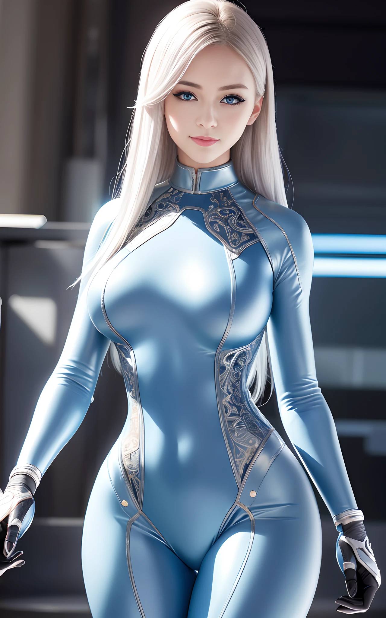 blue eyes, medium shot, stunning proportions, smile, photorealistic, a beauty girl, bodysuit, silver hair, intricate details, large breasts, zero suit
