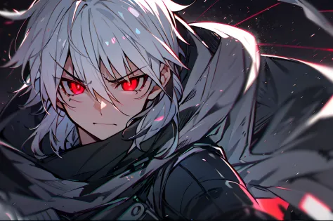 hight resolution,close range、Anime boy with white hair and red eyes staring at camera, Glowing red eyes,slim, dressed in a black...