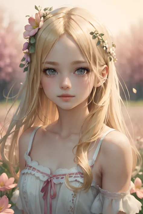 ((masterpiece,best quality)),  
innocent-looking girl, blond hair, flowers in her hair, upper body, small chest, extremely detai...