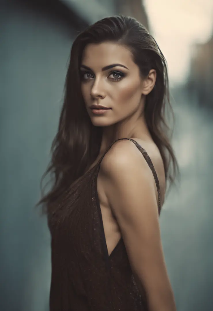 An amazing portrait of a beautiful brunette woman in dark dress, dark brown eyes, dark hair, straight hair, ponytail, great facial feature, perfect eyes, ultra realistic eyes, perfect face, perfect body, cinematic, color analog film photo, intimate posing,...