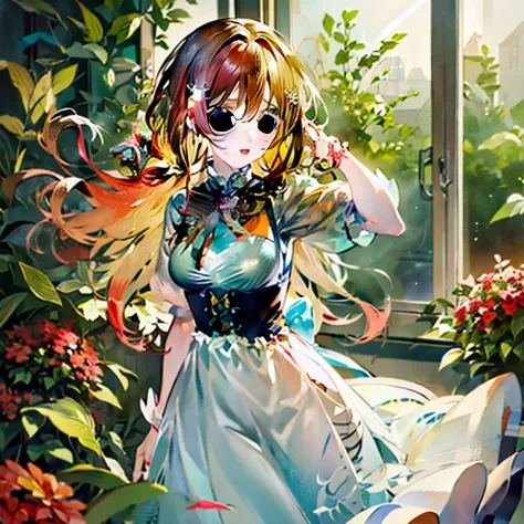 anime girl with long red hair and blue dress standing in front of the window, cute anime waifu in a nice dress, beautiful anime ...