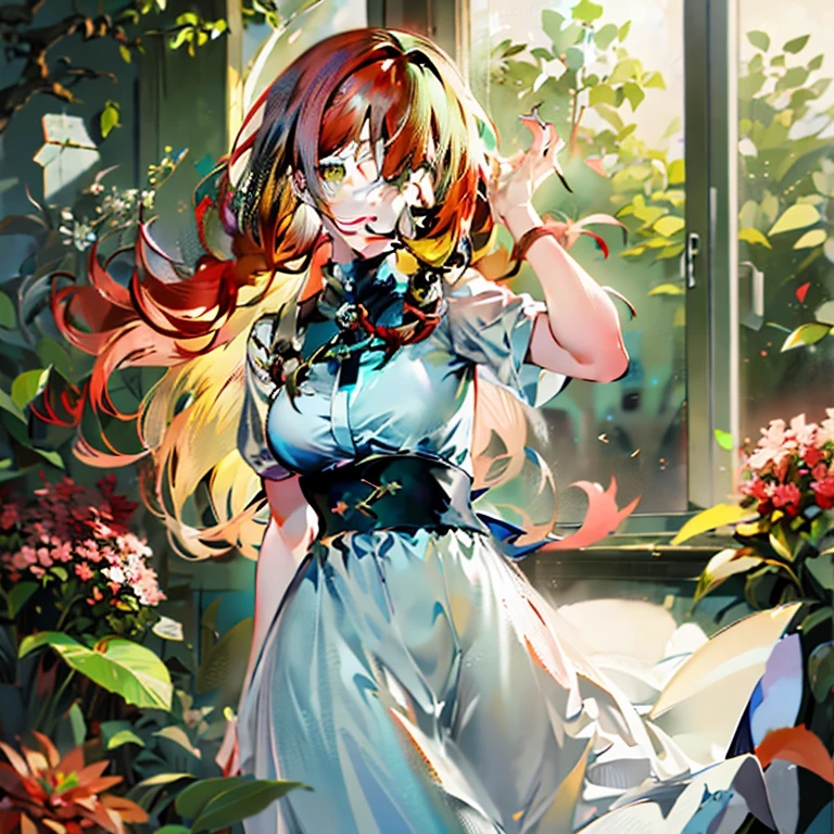 Anime girl with long red hair and blue dress standing in front of the window, Cute anime waifu in a nice dress, Beautiful Anime Portrait, guweiz on pixiv artstation, Beautiful anime girl, Trending on ArtStation pixiv, guweiz on artstation pixiv, beautiful anime art, beautiful anime artwork, cushart krenz key art feminine