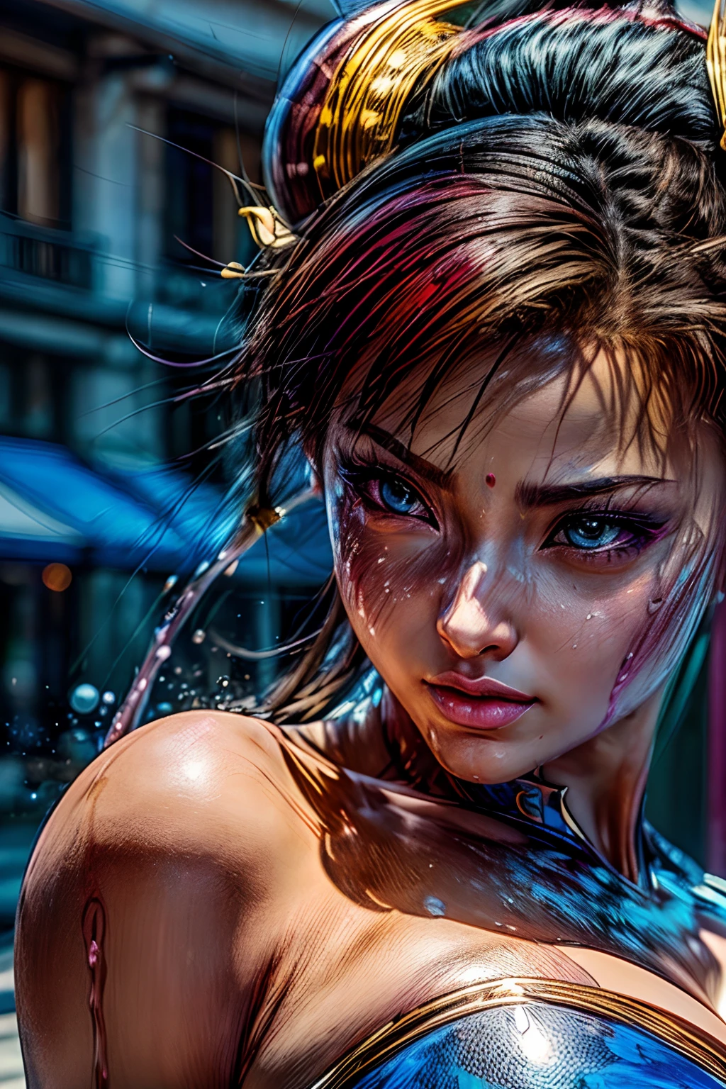 masterpiece, best quality, (extremely detailed CG unity 8k wallpaper, masterpiece, best quality, ultra-detailed, best shadow), (detailed background), (beautiful detailed face, beautiful detailed eyes), High contrast, (best illumination, an extremely delicate and beautiful),1girl,((colourful paint splashes on transparent background, dulux,)), ((caustic)), dynamic angle,beautiful detailed glow,full body, paint splash on face.  close up of a woman, , realistic anime 3 d style, android 18, seductive anime girl, anime realism style, attractive anime girl,beautiful alluring anime woman, looking Chun-Li,