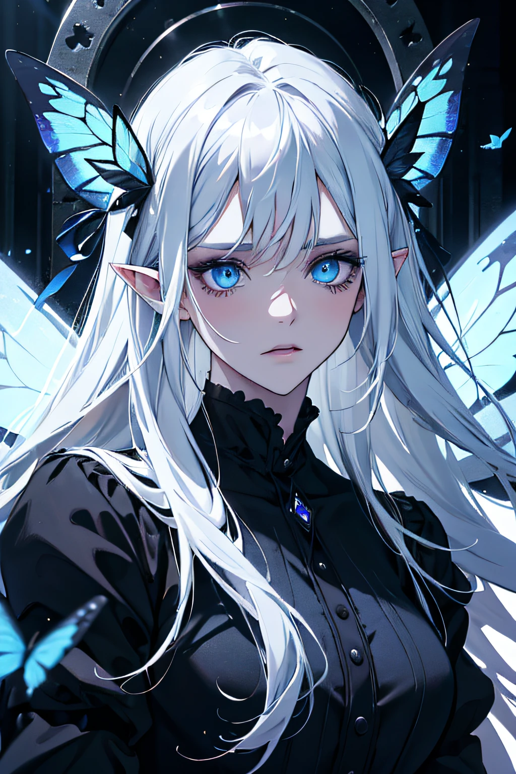 Anime girl with white hair and blue eyes with butterfly wings - SeaArt AI