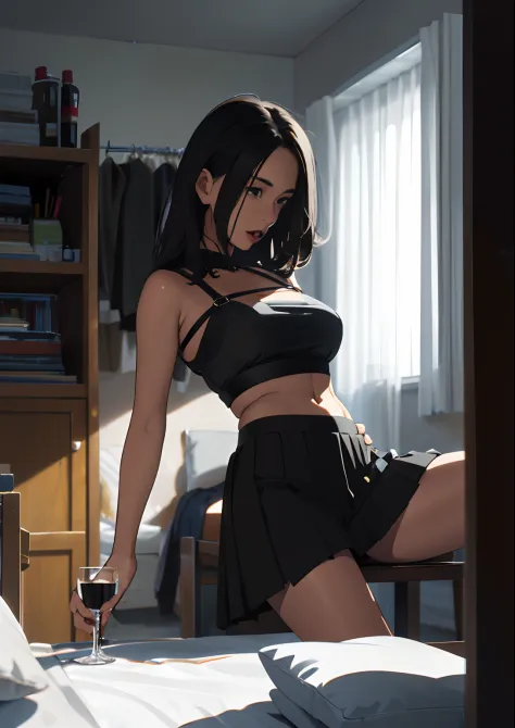 Young teen girl getting drunk alone at home while wearing a short black pleated skirt and a slightly see through black crop top ...