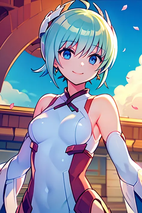 gentle girl, blue eyes, green hair, short hair, mecha headgear, floating hair,smiling, delicate and flexible eyes, intricate dam...