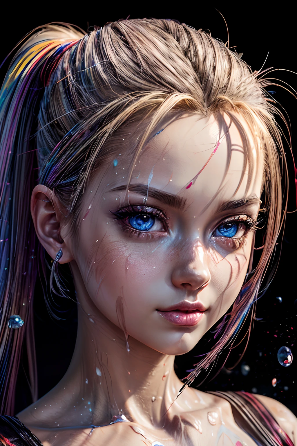 masterpiece, best quality, (extremely detailed CG unity 8k wallpaper, masterpiece, best quality, ultra-detailed, best shadow), (detailed background), (beautiful detailed face, beautiful detailed eyes), High contrast, (best illumination, an extremely delicate and beautiful),1girl,((colourful paint splashes on transparent background, dulux,)), ((caustic)), dynamic angle,beautiful detailed glow,full body, paint splash on face.  close up of a woman, , realistic anime 3 d style, android 18, seductive anime girl, anime realism style, attractive anime girl,beautiful alluring anime woman, looking Cammy White,