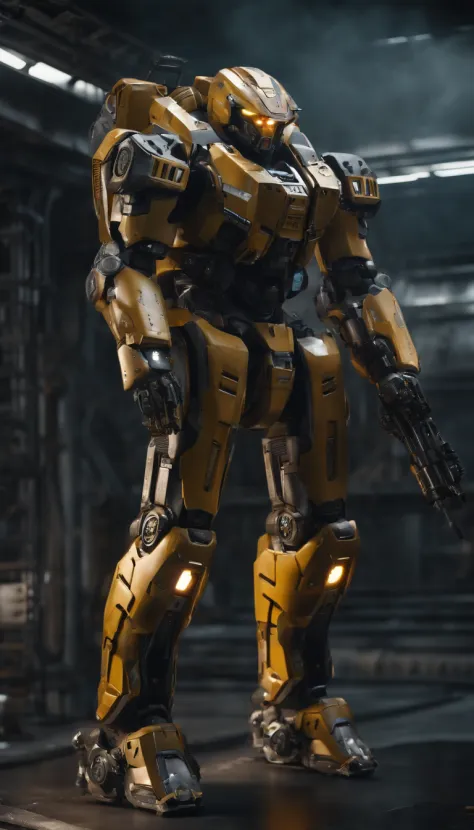 (best quality,4k,8k,highres,masterpiece:1.2), ultra-detailed, (realistic,photorealistic,photo-realistic:1.37), military, futuristic, high-tech, power-driven mech suit standing at 2 meters tall. The suit has a massive Gatling gun attached to its left arm, a...