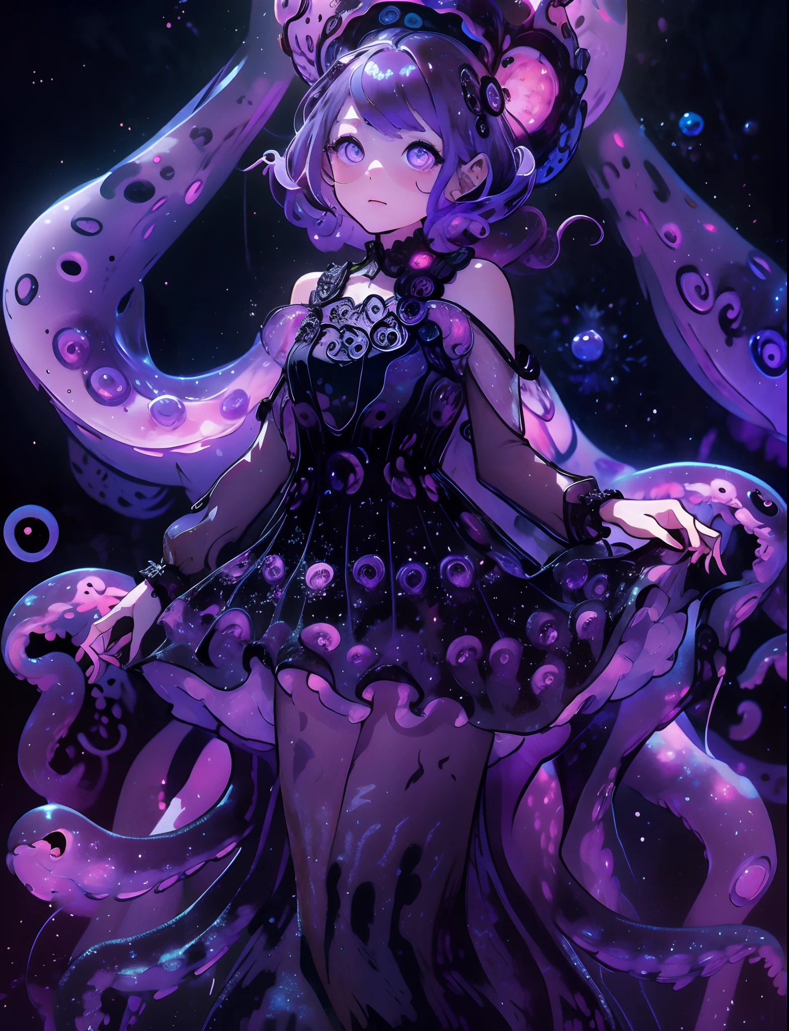 Una chica con un vestido de medusa. Una medusa negra y un resplandor púrpura. Tentáculos negros forrados con cuerpos luminiscentes de color púrpura. Mar profundo.