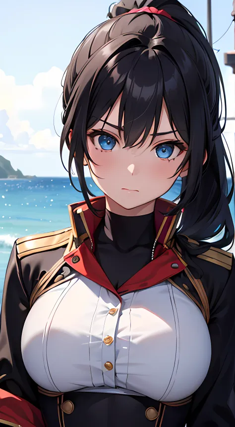 4K, UHD, masterpiece, textured skin, super detail, high quality, (beautiful gorgeous cute woman), black hair, split ponytail hair, blue eyes, tsundere, cosplay captain pirate, from the front