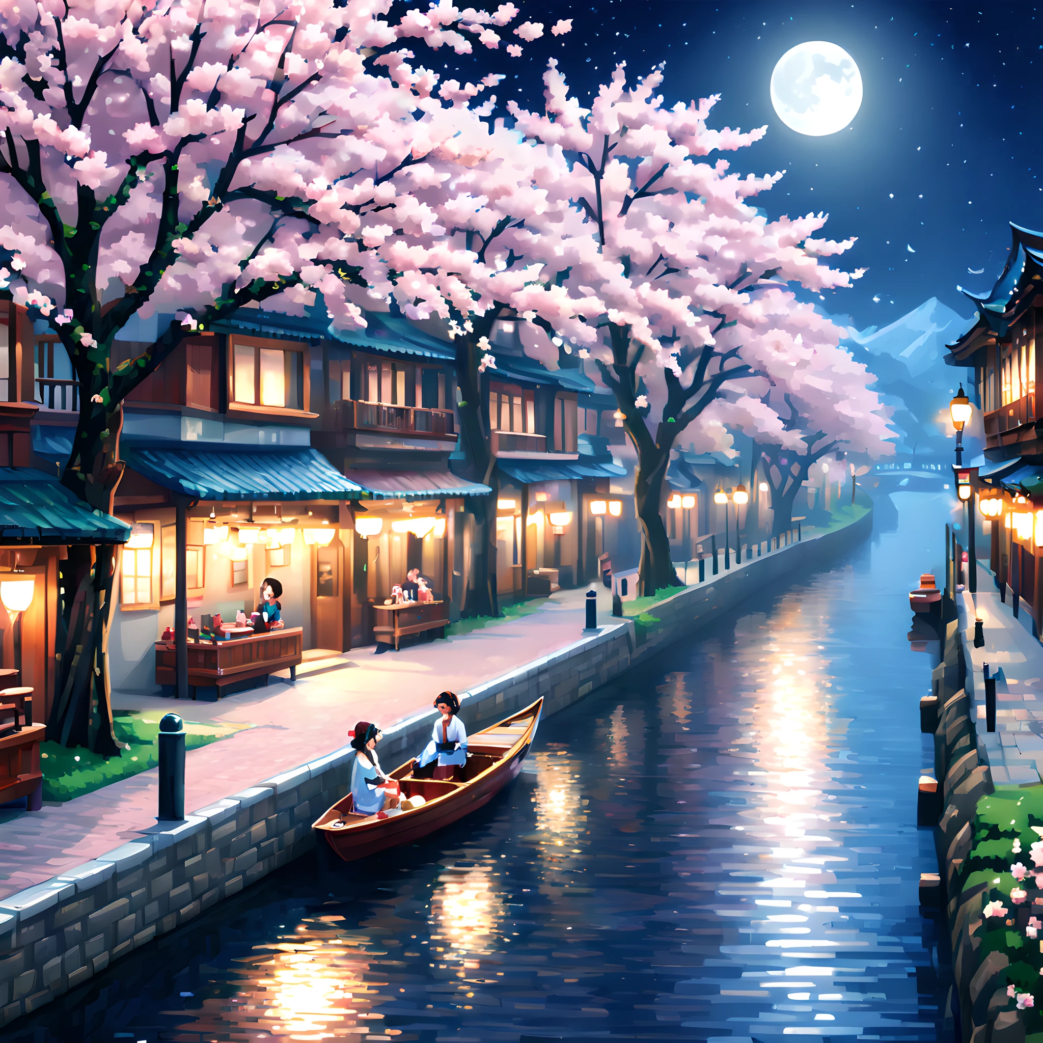 (Cherry blossom And Street:1.5),(landscape:1.5), (Pixel art:1.5), (pixel theme:1.5), (fantasy:1.5), (beautiful scenery:1.5),(landscapes:1.5),(cherry blossom trees:1.5),(boat:1.5),(centered on river street:1.5)(A path lined with flourishing cherry blossom trees:1.5),(spring:1.5),(river street:1.5),(the boat riding couple:1.5),(1900s:1.5),(Meiji:1.5),(Civilization and civilization:1.5), (beautiful scenery pixel art illustration:1.5),(night:1.5),(moonlight:1.5),(best quality:1.5),(masterpiece:1.5),